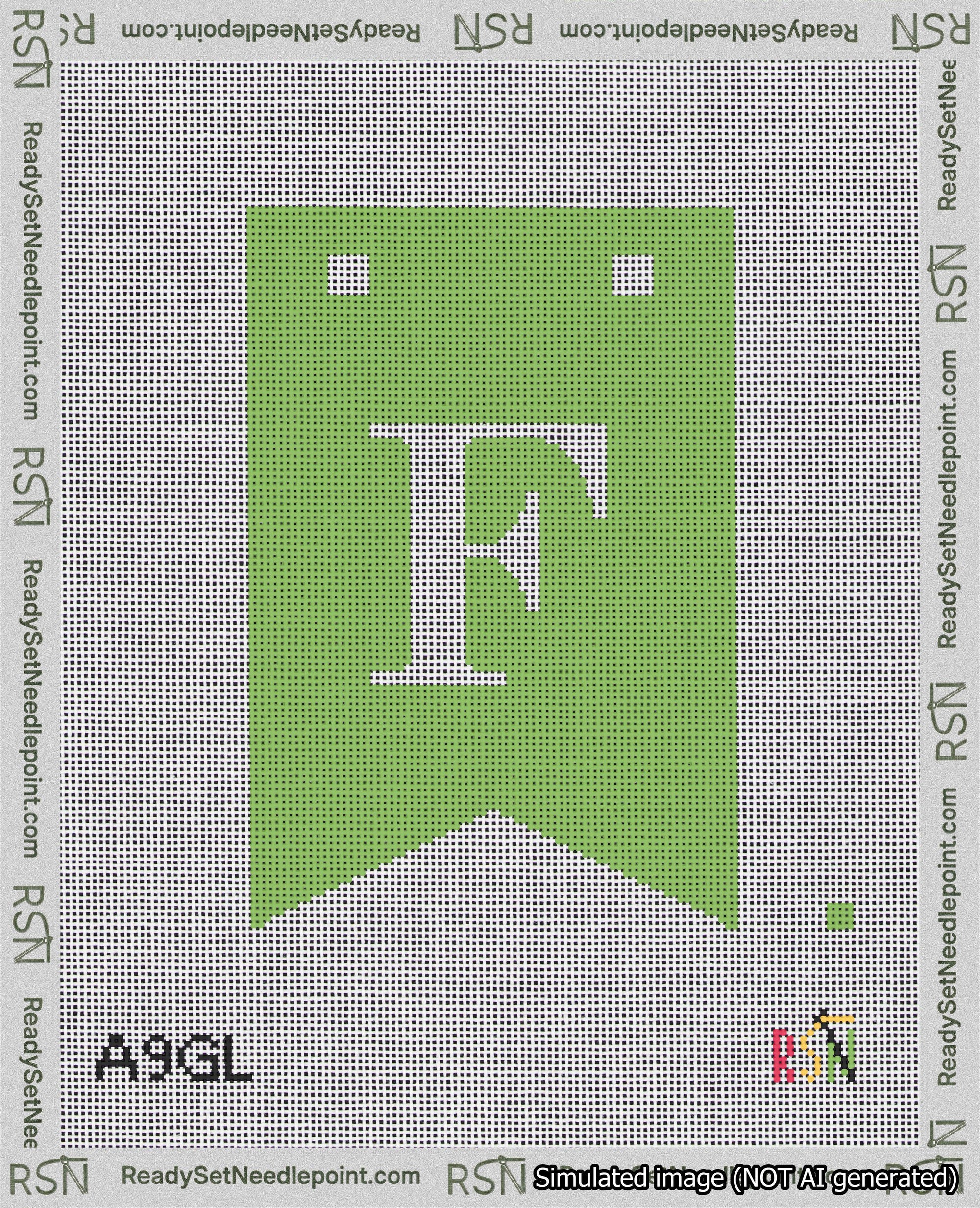 A taped needlepoint canvas with the design: Banner 18 mesh count Forked F White on Light Green.