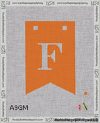A taped needlepoint canvas with the design: Banner 18 mesh count Forked F White on Orange.