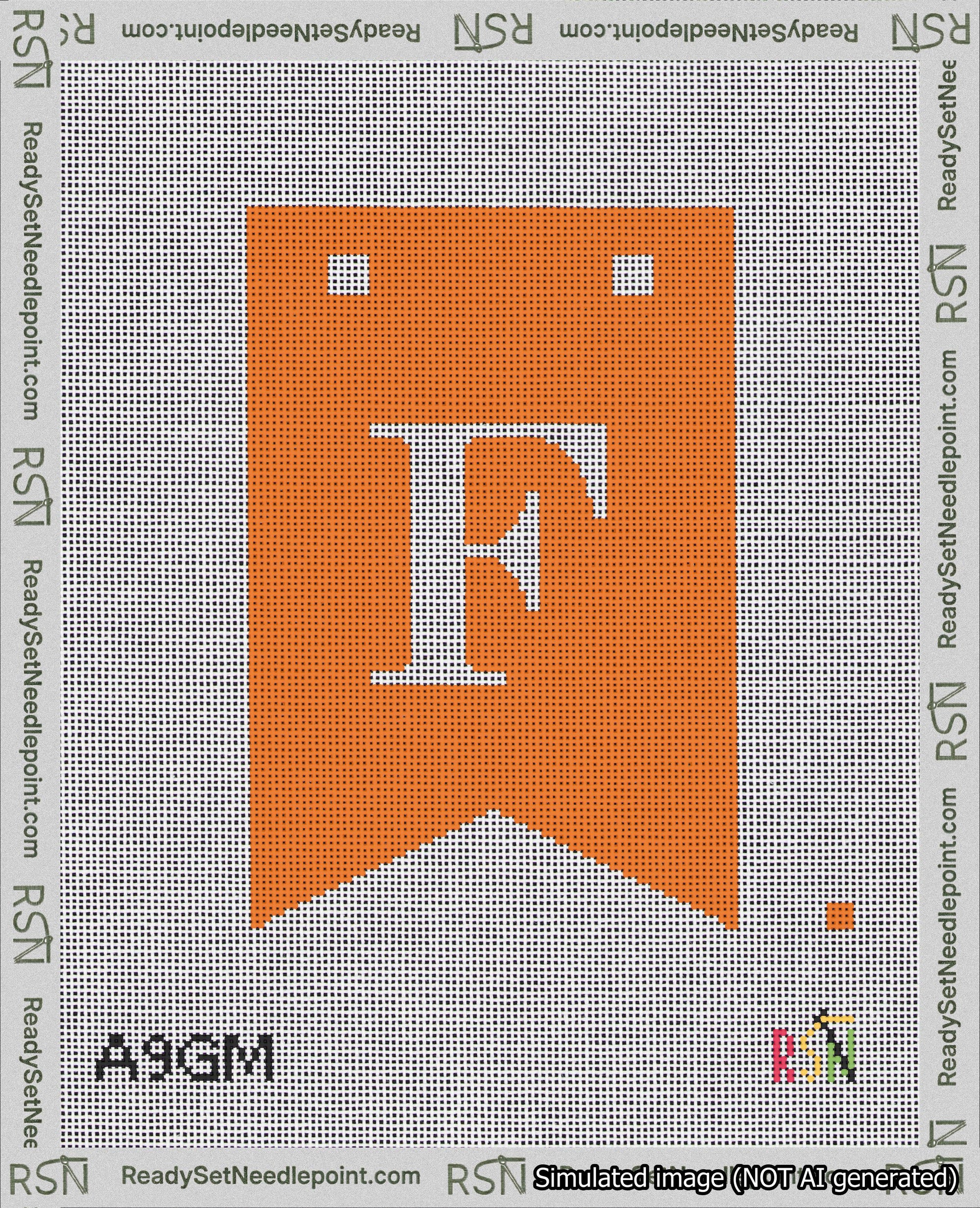 A taped needlepoint canvas with the design: Banner 18 mesh count Forked F White on Orange.