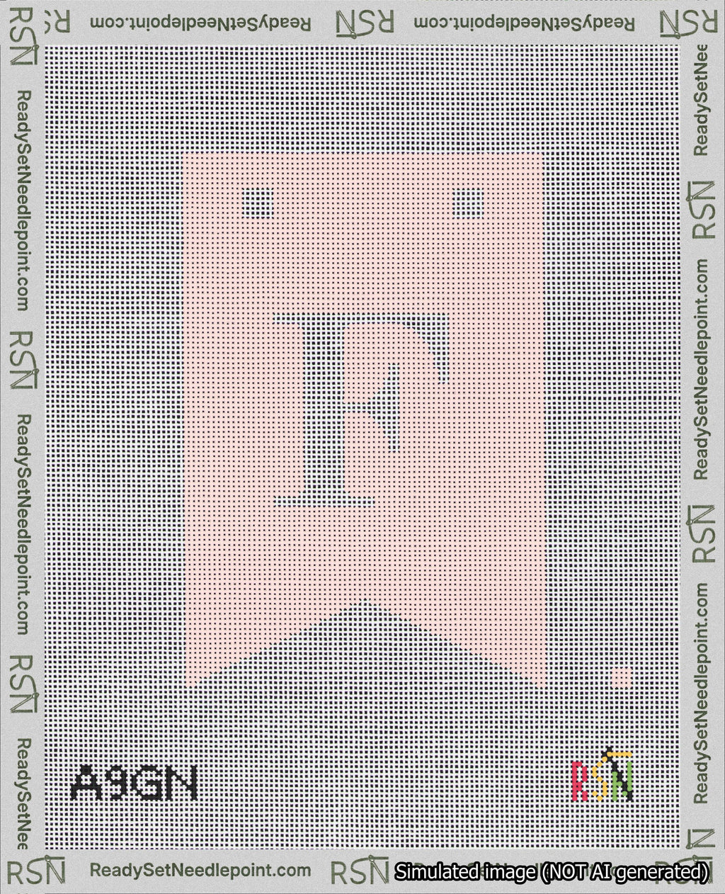 A taped needlepoint canvas with the design: Banner 18 mesh count Forked F White on Pink.