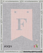 A taped needlepoint canvas with the design: Banner 18 mesh count Forked F White on Pink.