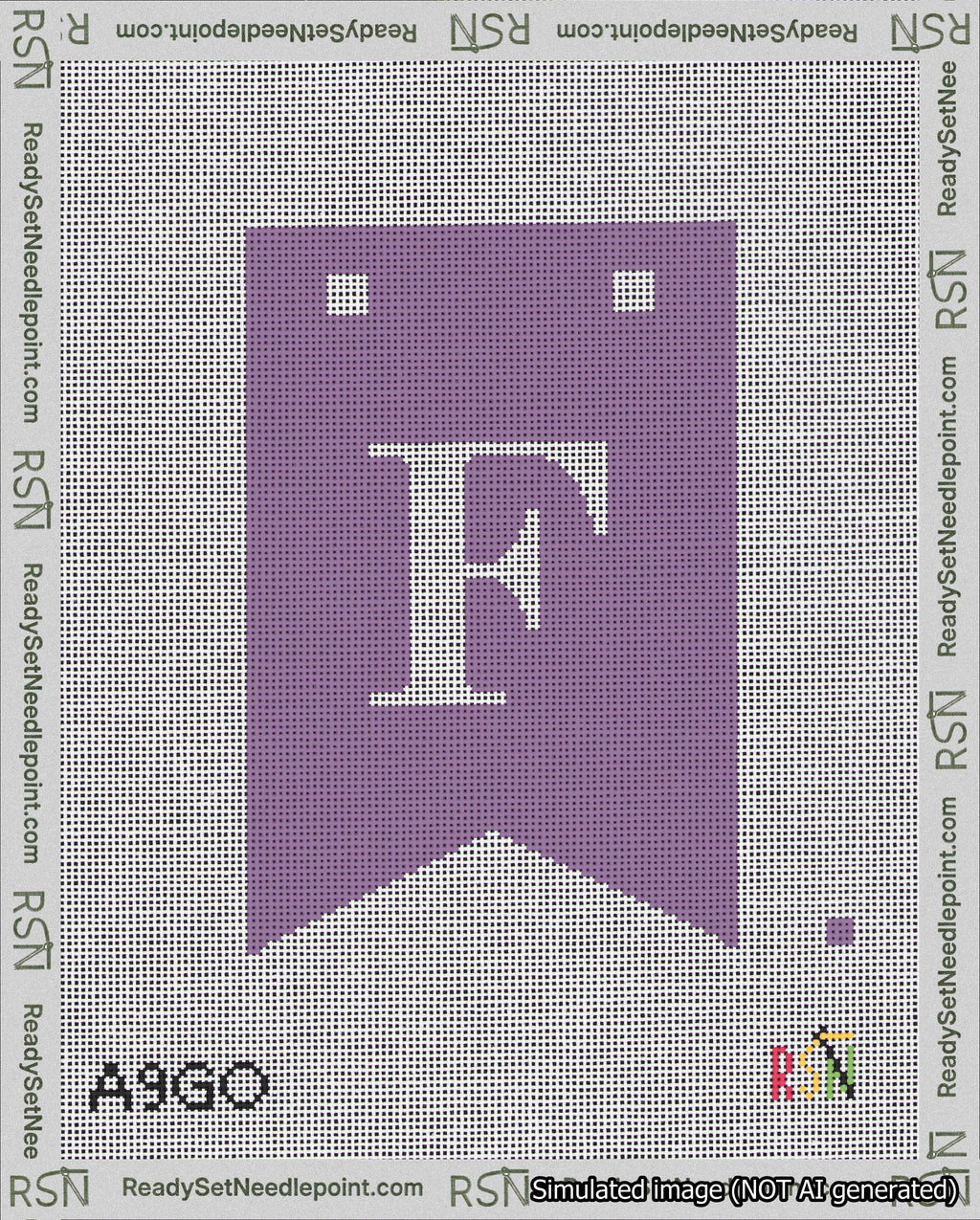 A taped needlepoint canvas with the design: Banner 18 mesh count Forked F White on Purple.