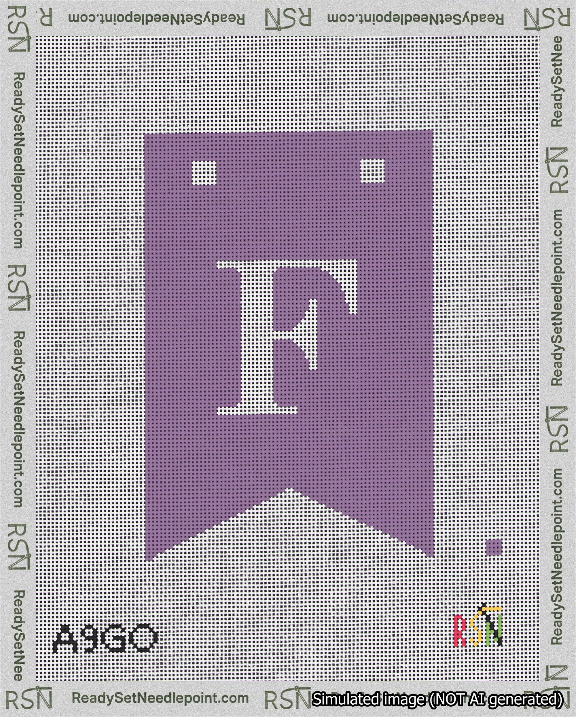 A taped needlepoint canvas with the design: Banner 18 mesh count Forked F White on Purple.