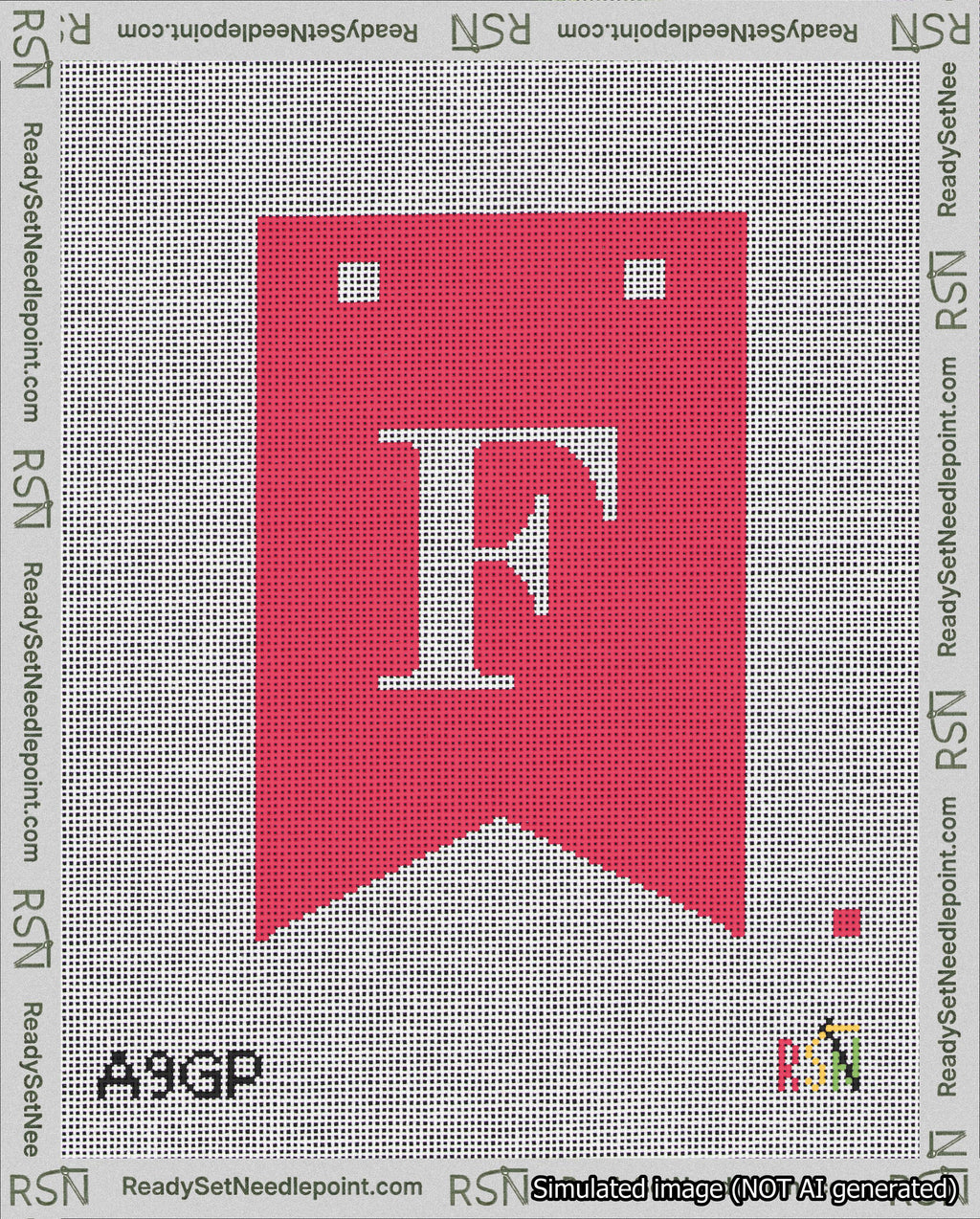A taped needlepoint canvas with the design: Banner 18 mesh count Forked F White on Red.
