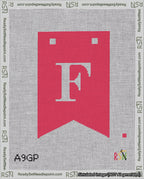 A taped needlepoint canvas with the design: Banner 18 mesh count Forked F White on Red.