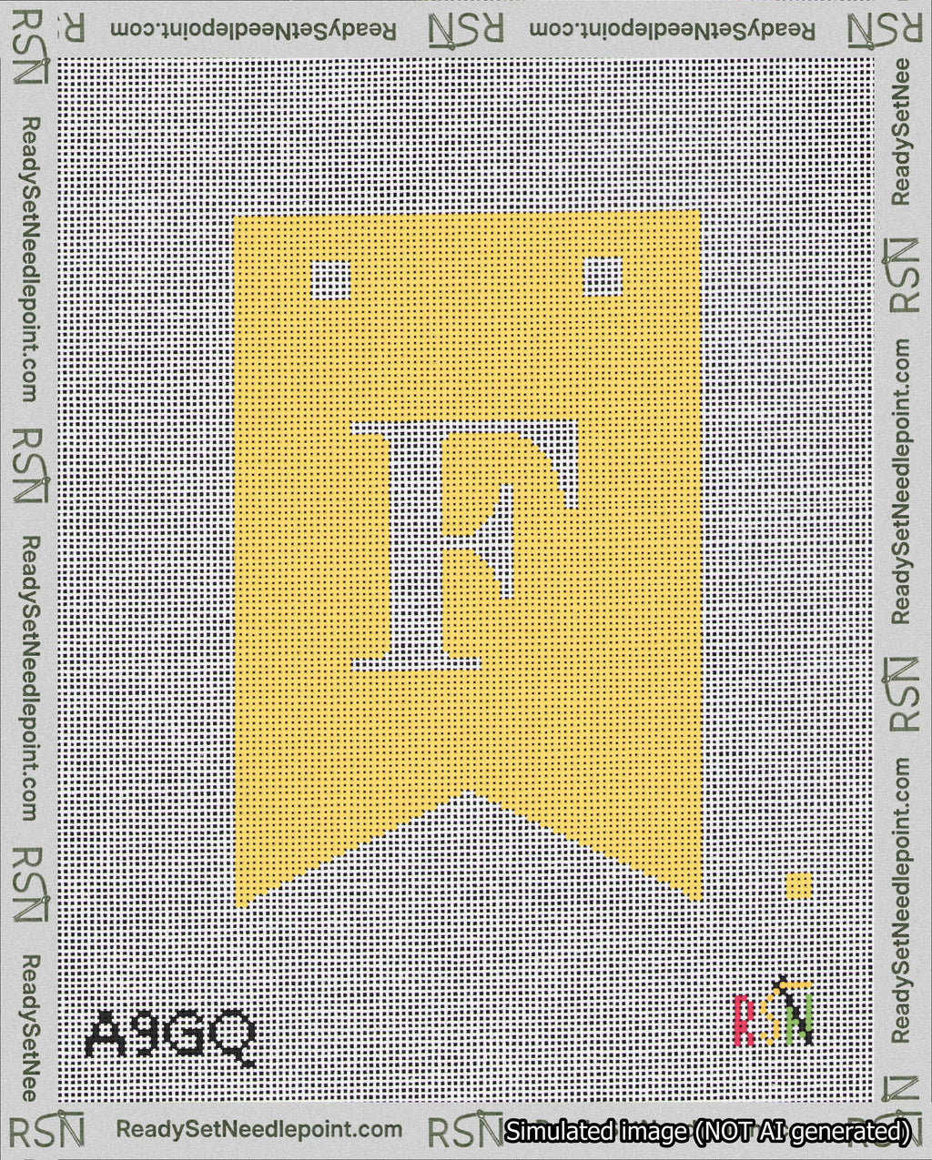 A taped needlepoint canvas with the design: Banner 18 mesh count Forked F White on Yellow.