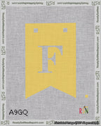 A taped needlepoint canvas with the design: Banner 18 mesh count Forked F White on Yellow.