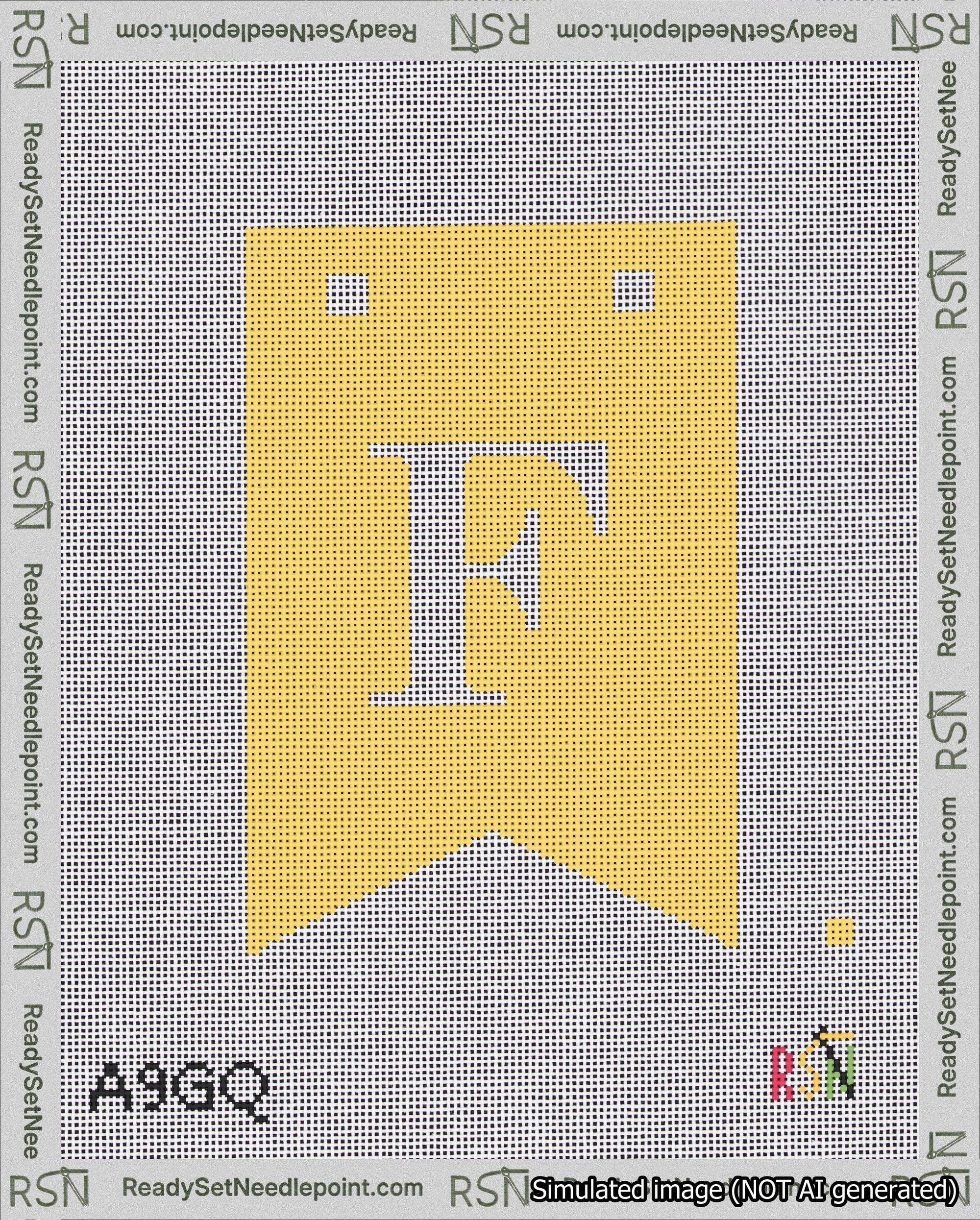 A taped needlepoint canvas with the design: Banner 18 mesh count Forked F White on Yellow.