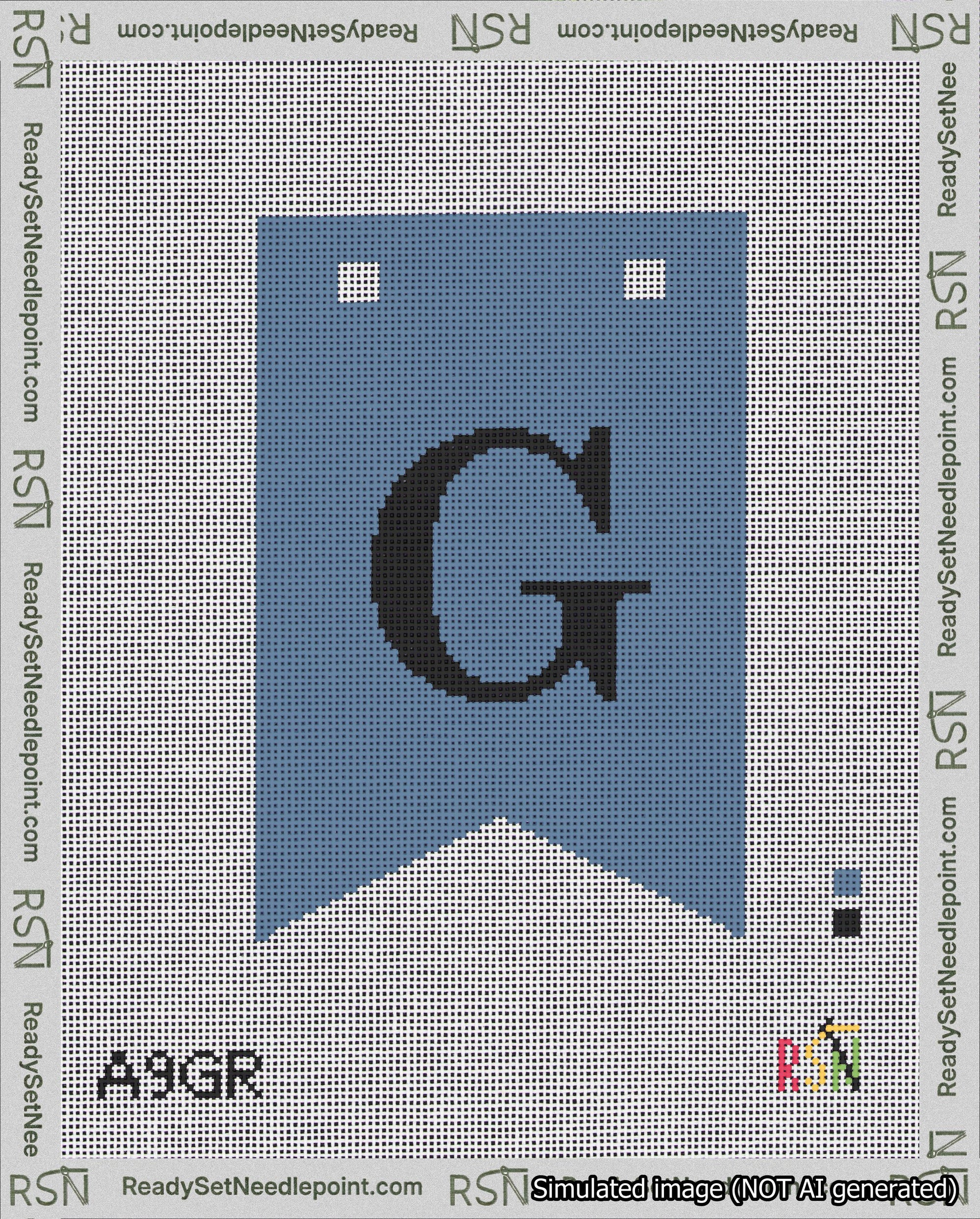 A taped needlepoint canvas with the design: Banner 18 mesh count Forked G Black on Blue.