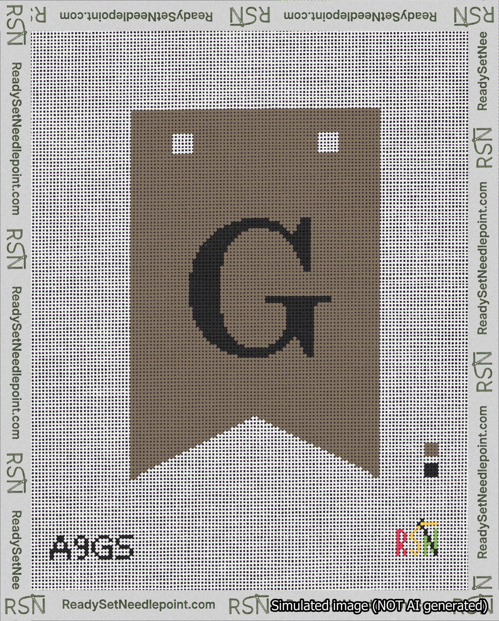 A taped needlepoint canvas with the design: Banner 18 mesh count Forked G Black on Brown.