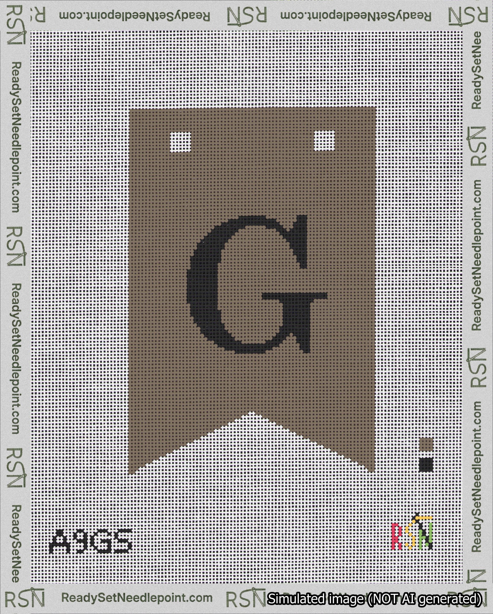 A taped needlepoint canvas with the design: Banner 18 mesh count Forked G Black on Brown.