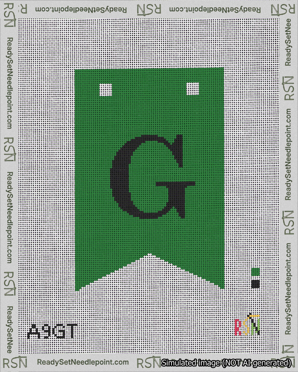 A taped needlepoint canvas with the design: Banner 18 mesh count Forked G Black on Green.