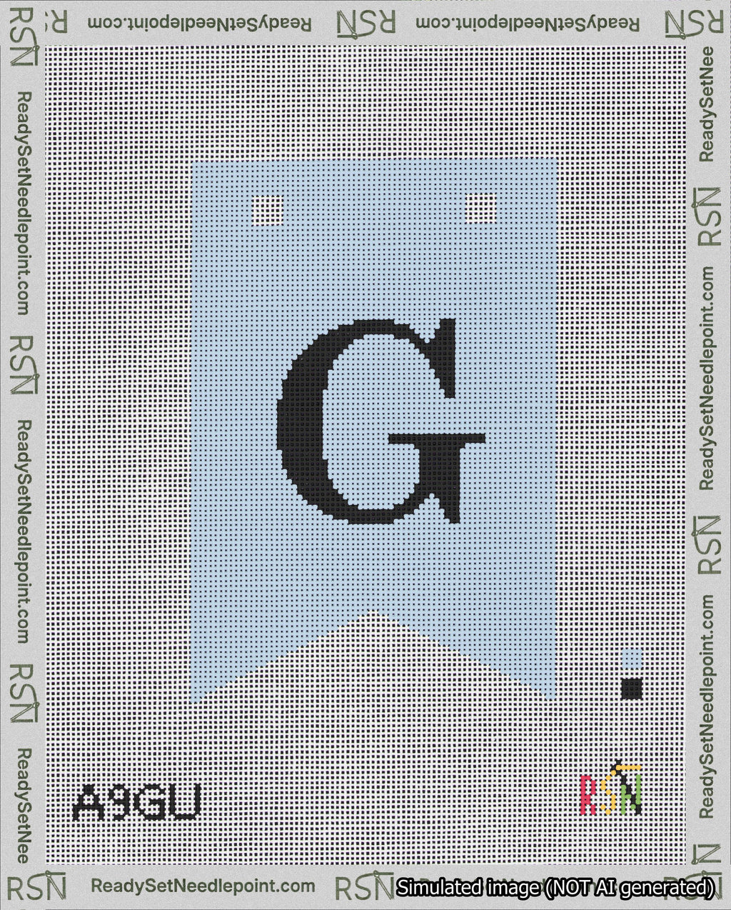 A taped needlepoint canvas with the design: Banner 18 mesh count Forked G Black on Light Blue.