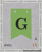 A taped needlepoint canvas with the design: Banner 18 mesh count Forked G Black on Light Green.
