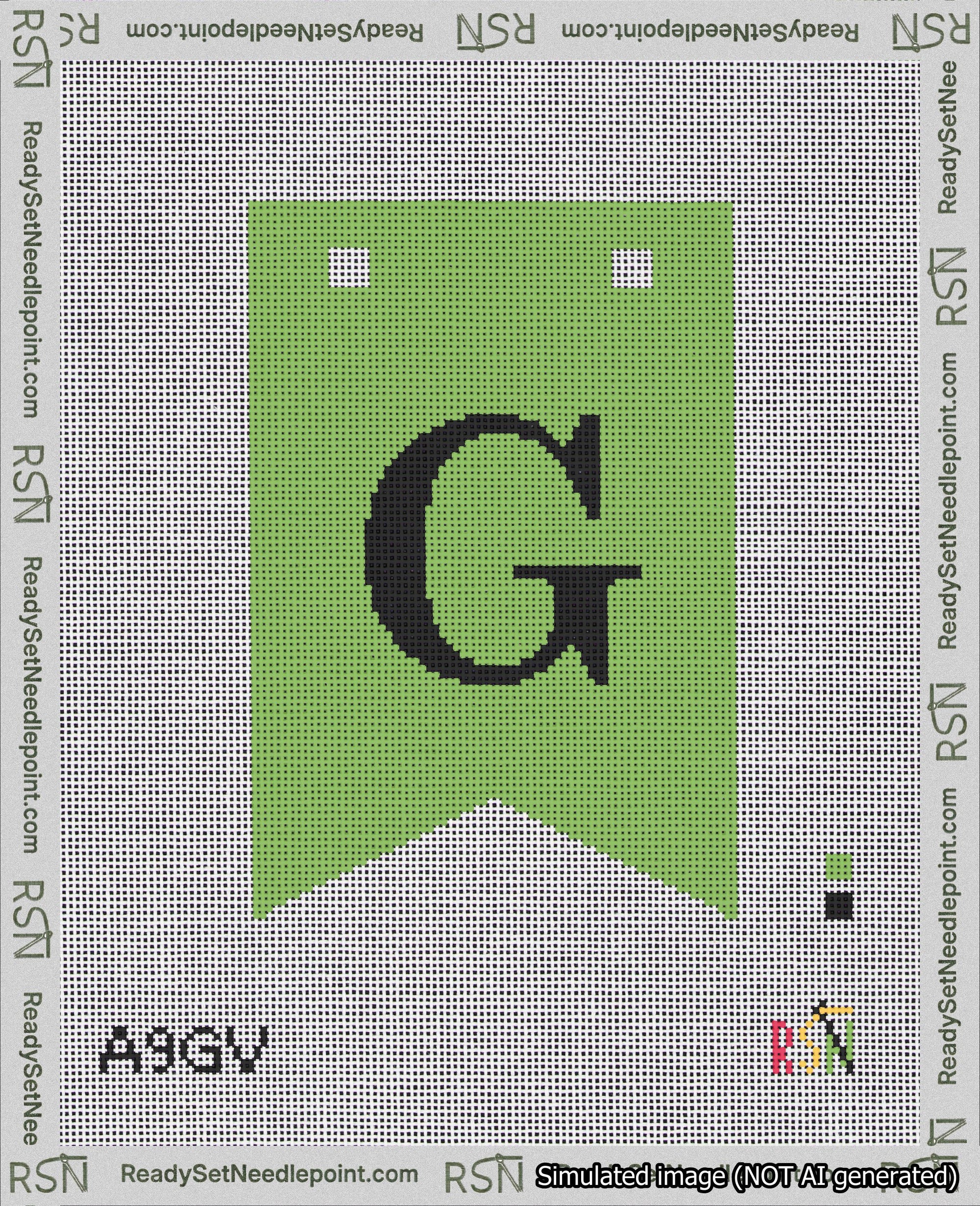 A taped needlepoint canvas with the design: Banner 18 mesh count Forked G Black on Light Green.