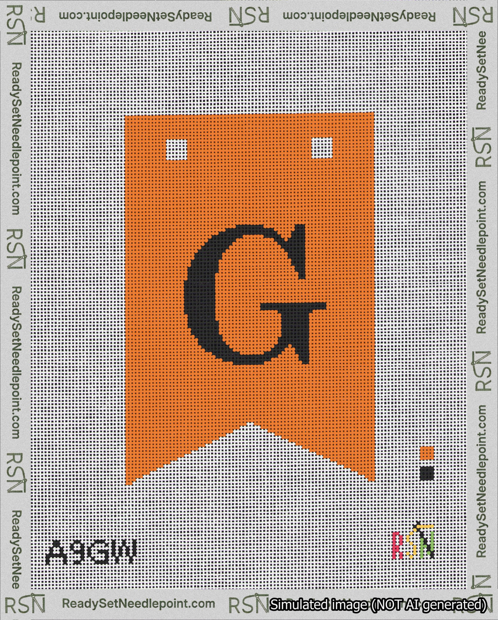 A taped needlepoint canvas with the design: Banner 18 mesh count Forked G Black on Orange.