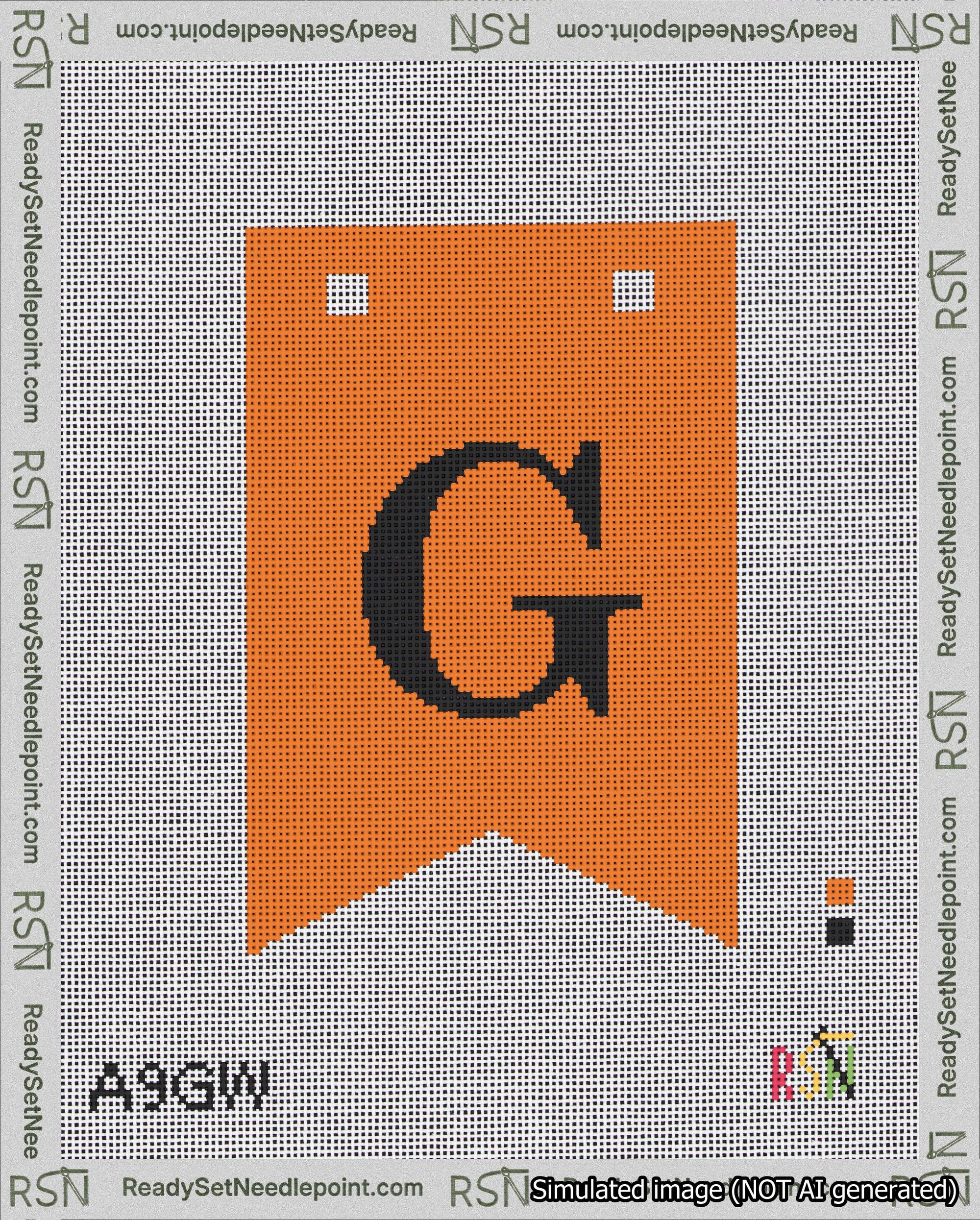 A taped needlepoint canvas with the design: Banner 18 mesh count Forked G Black on Orange.