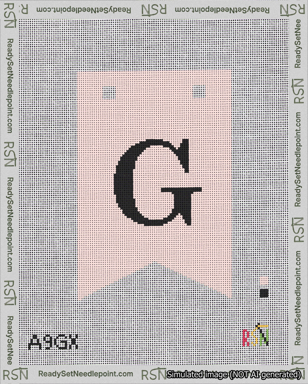 A taped needlepoint canvas with the design: Banner 18 mesh count Forked G Black on Pink.