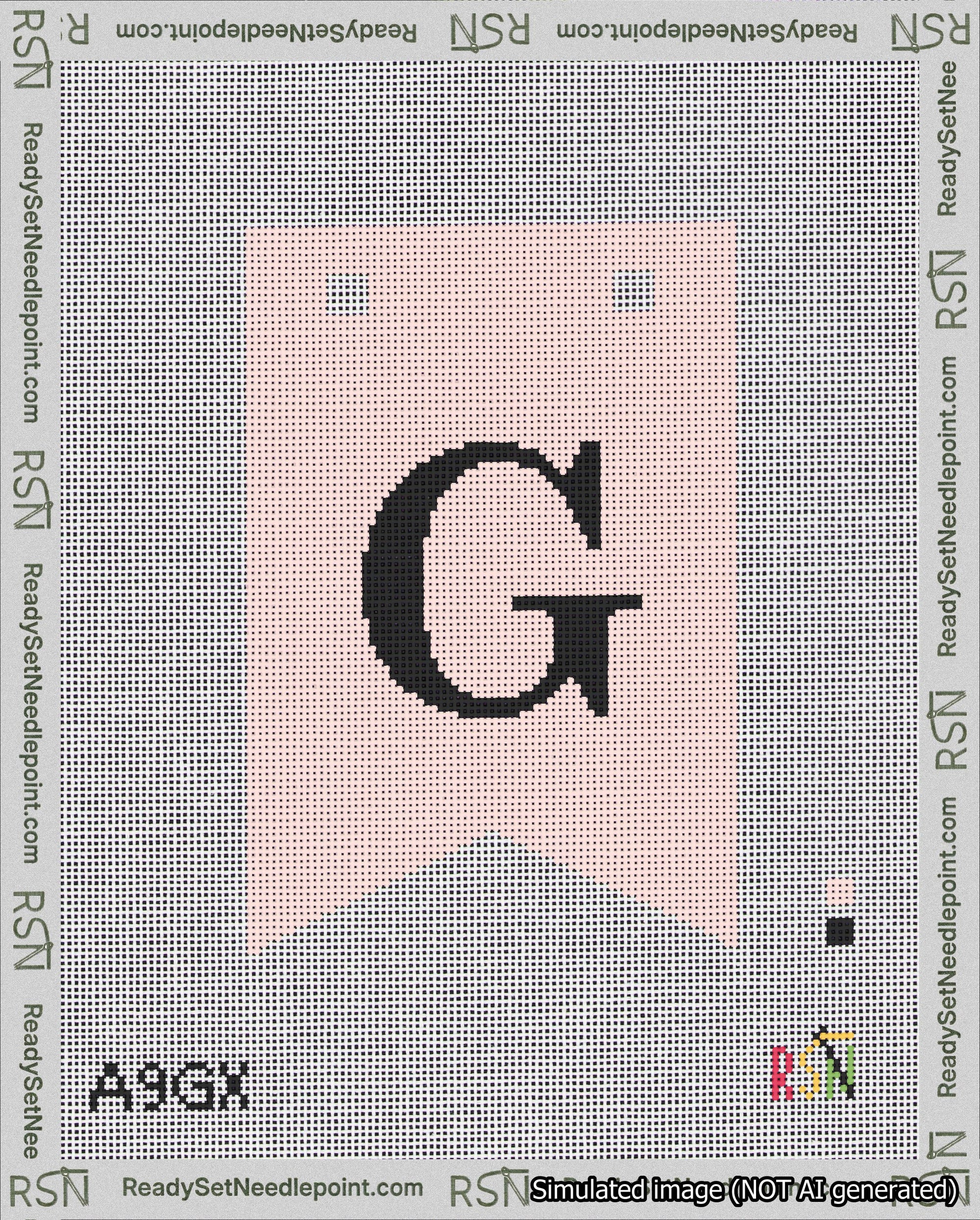 A taped needlepoint canvas with the design: Banner 18 mesh count Forked G Black on Pink.