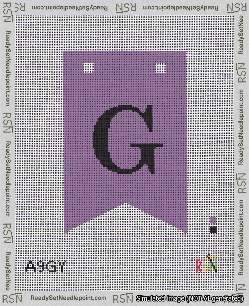 A taped needlepoint canvas with the design: Banner 18 mesh count Forked G Black on Purple.