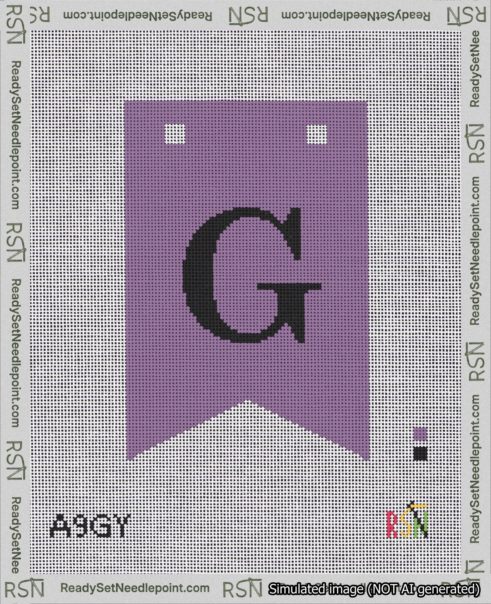 A taped needlepoint canvas with the design: Banner 18 mesh count Forked G Black on Purple.