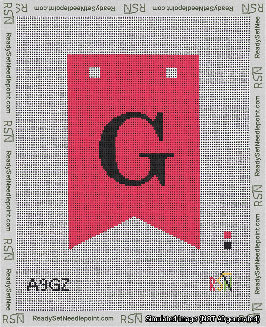 A taped needlepoint canvas with the design: Banner 18 mesh count Forked G Black on Red.