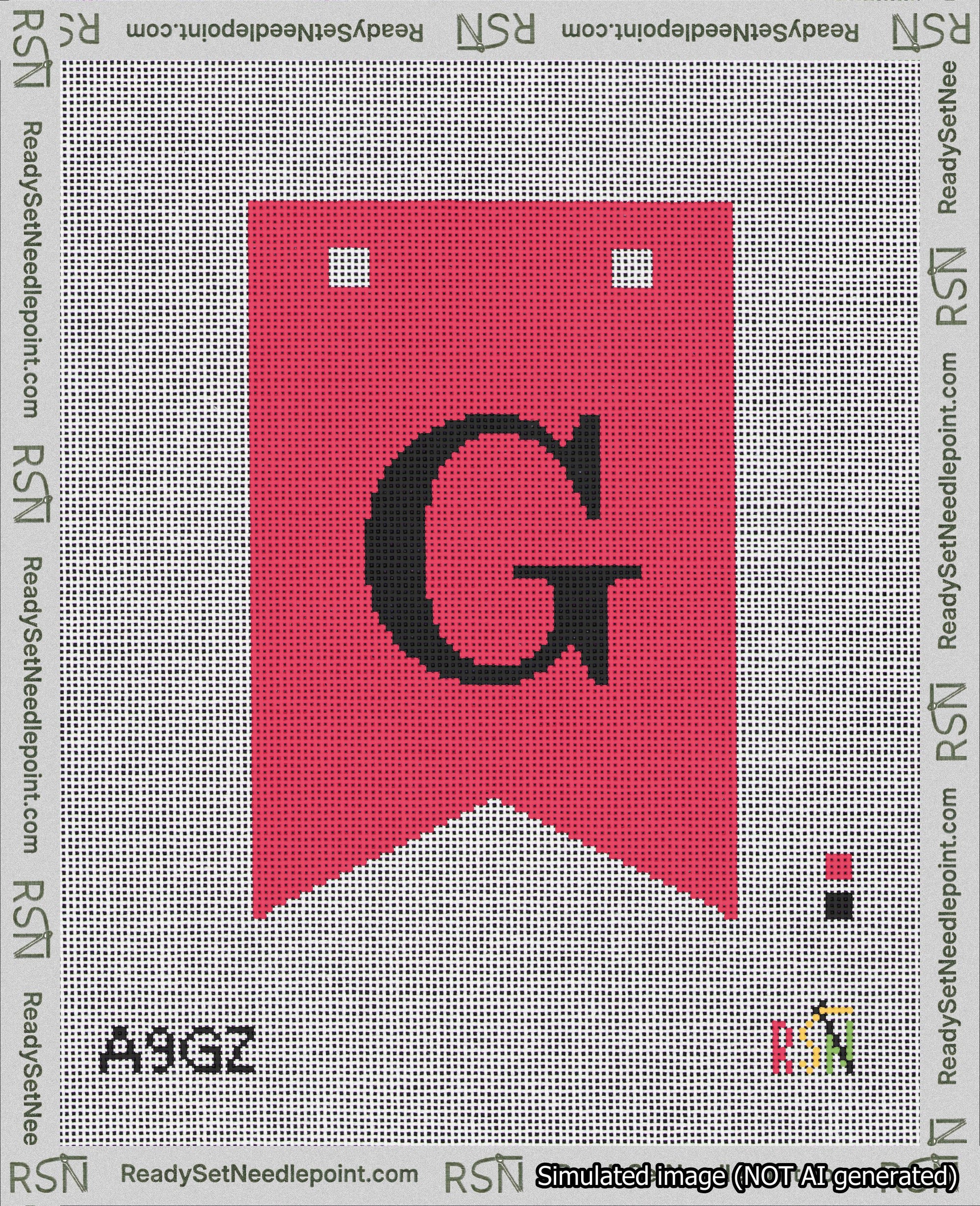 A taped needlepoint canvas with the design: Banner 18 mesh count Forked G Black on Red.
