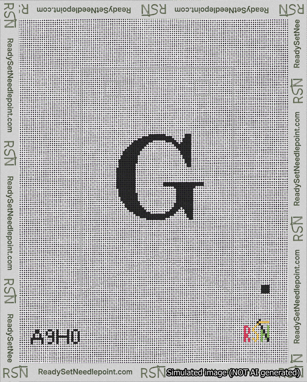 A taped needlepoint canvas with the design: Banner 18 mesh count Forked G Black on White.
