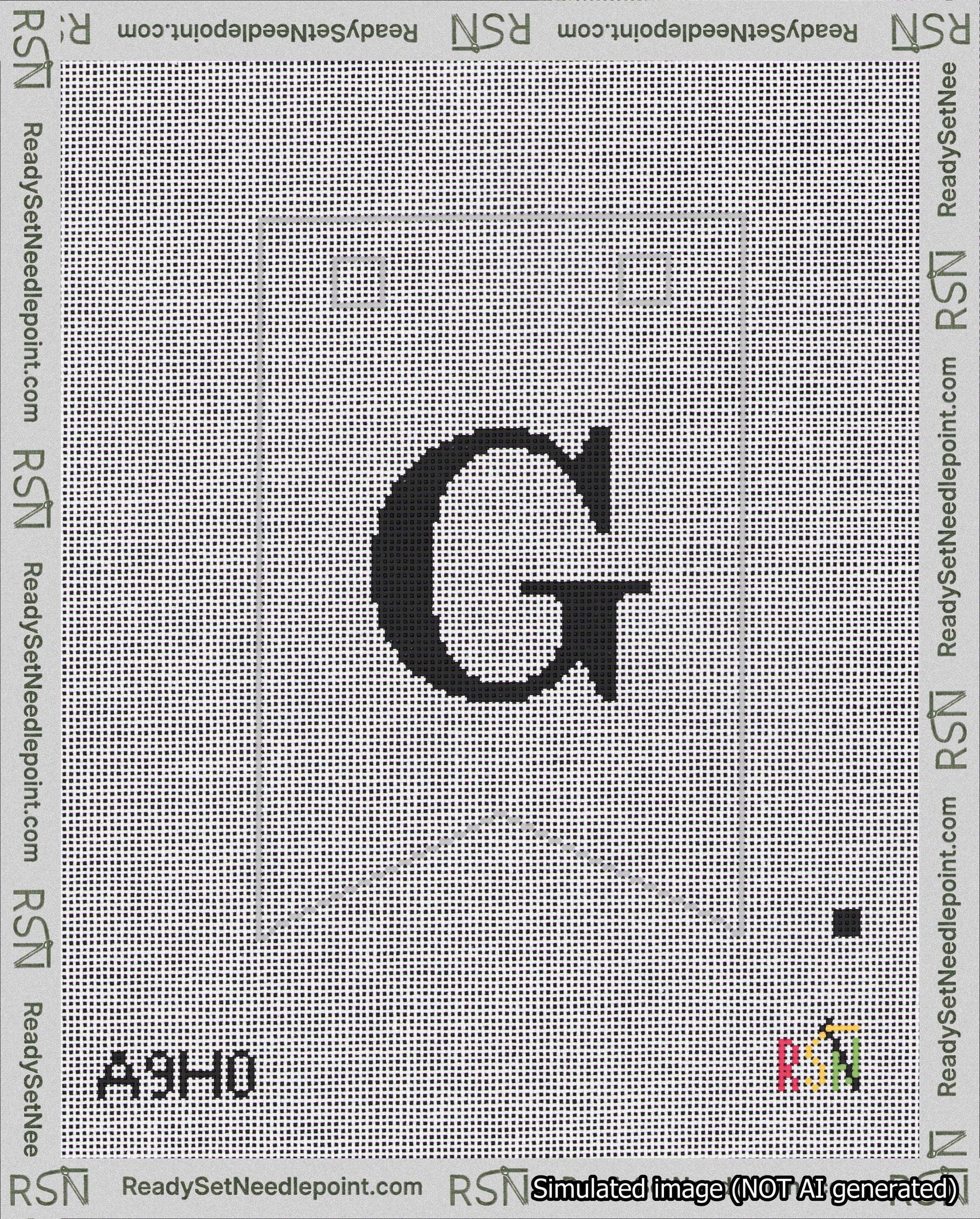 A taped needlepoint canvas with the design: Banner 18 mesh count Forked G Black on White.