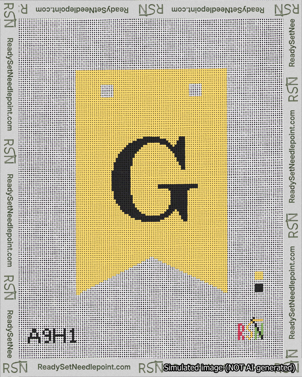 A taped needlepoint canvas with the design: Banner 18 mesh count Forked G Black on Yellow.