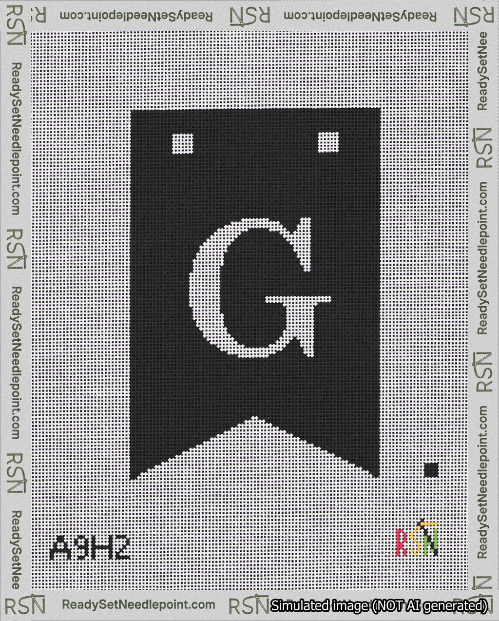 A taped needlepoint canvas with the design: Banner 18 mesh count Forked G White on Black.