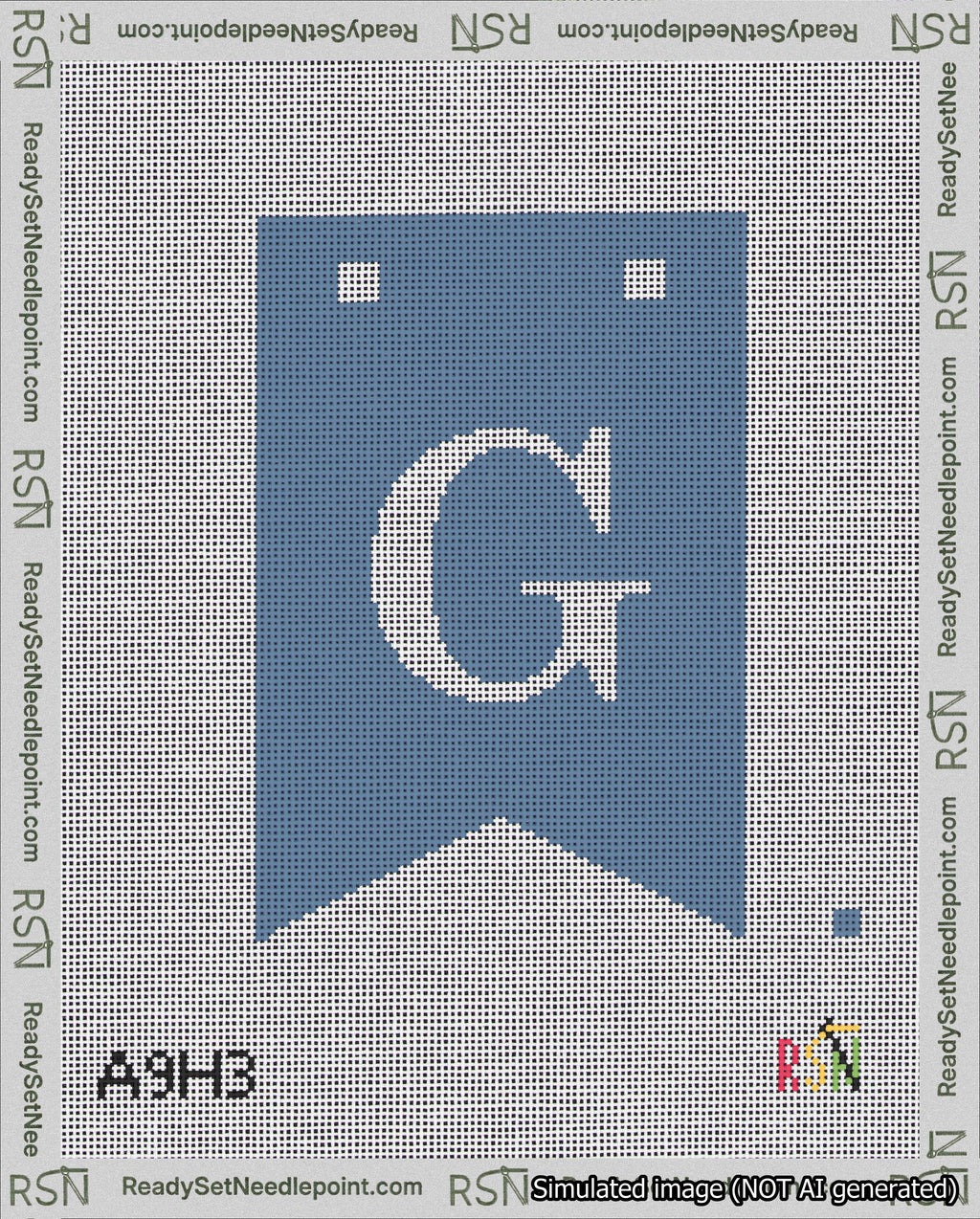 A taped needlepoint canvas with the design: Banner 18 mesh count Forked G White on Blue.