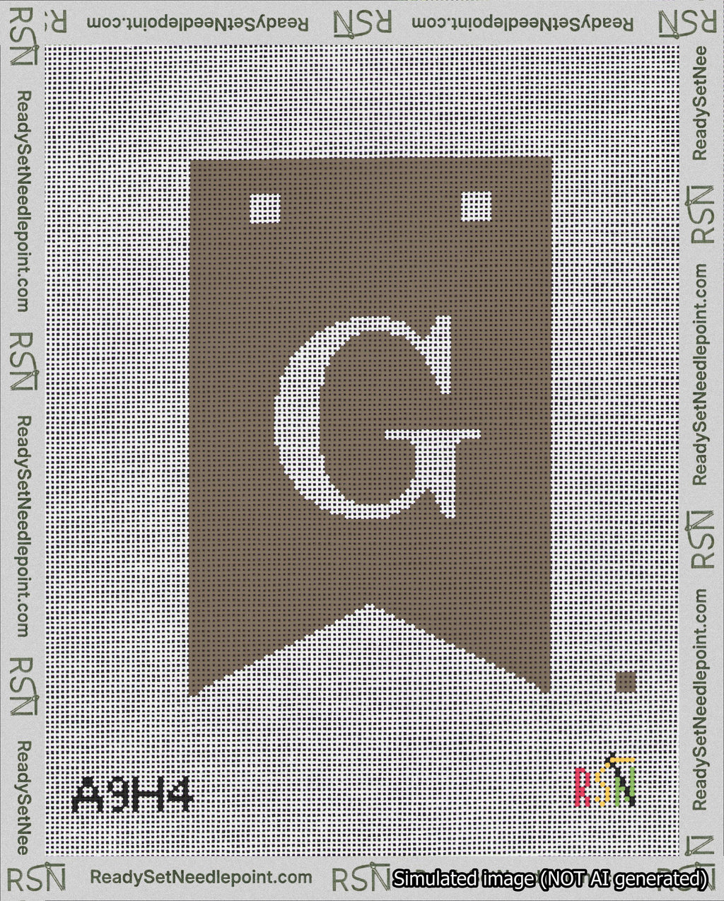A taped needlepoint canvas with the design: Banner 18 mesh count Forked G White on Brown.