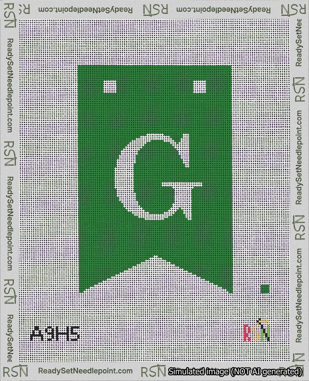 A taped needlepoint canvas with the design: Banner 18 mesh count Forked G White on Green.