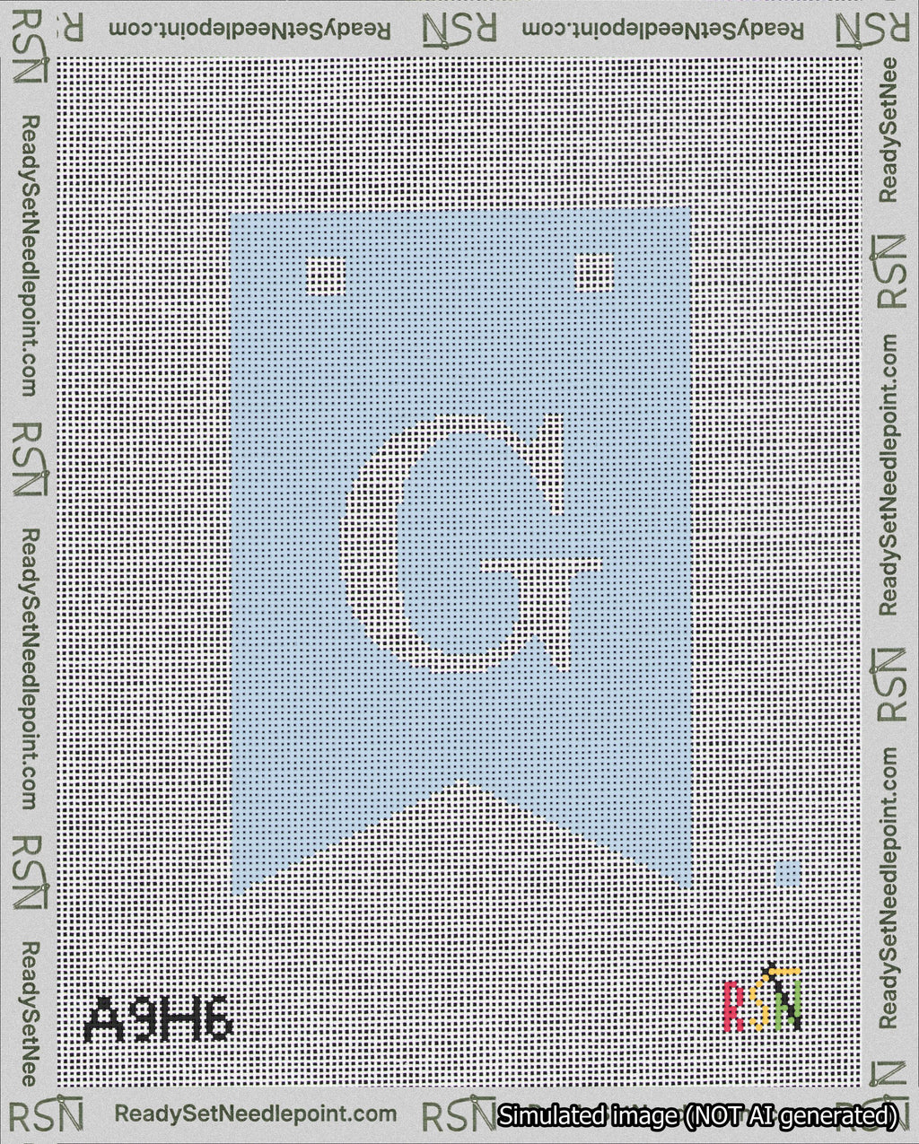 A taped needlepoint canvas with the design: Banner 18 mesh count Forked G White on Light Blue.