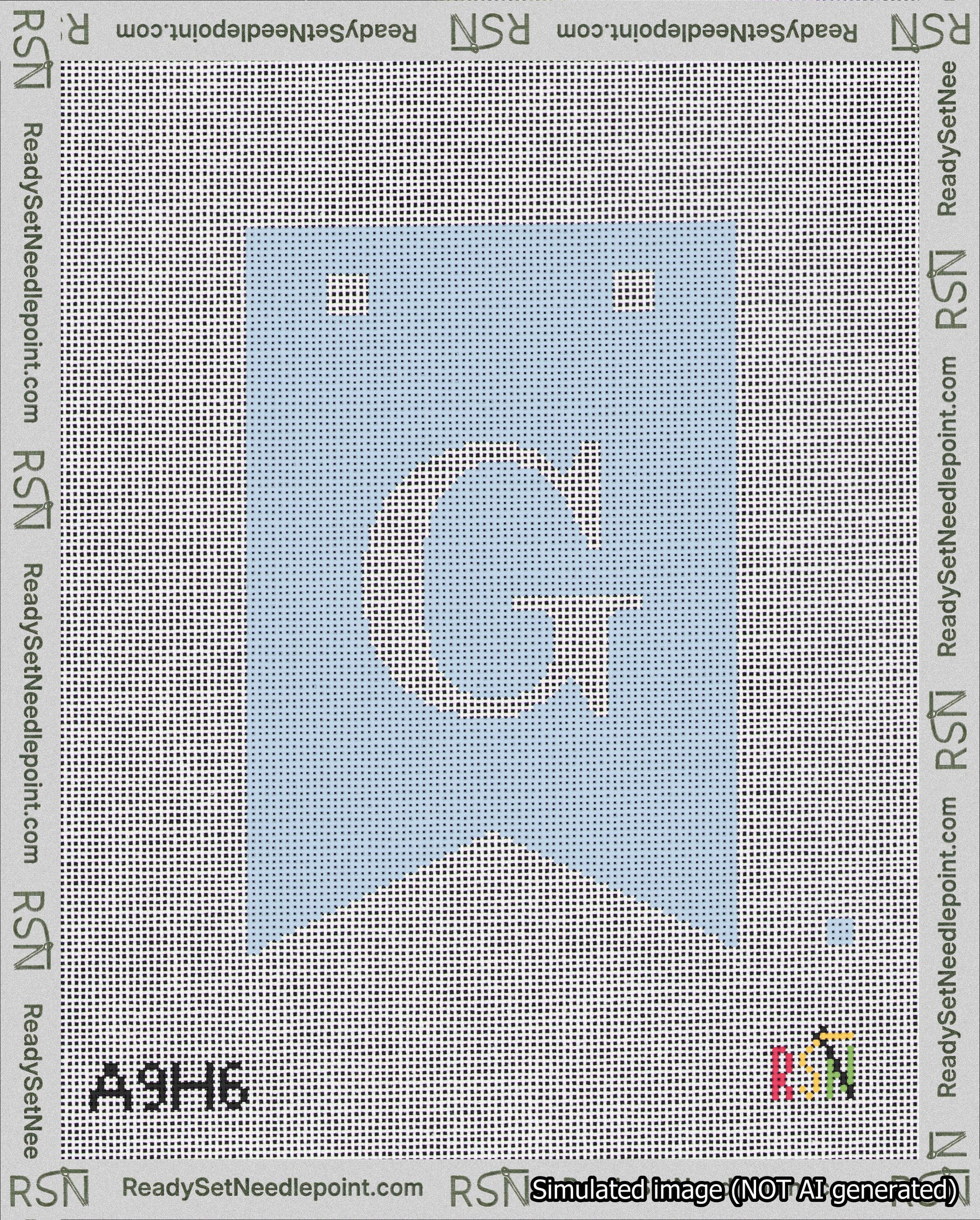 A taped needlepoint canvas with the design: Banner 18 mesh count Forked G White on Light Blue.