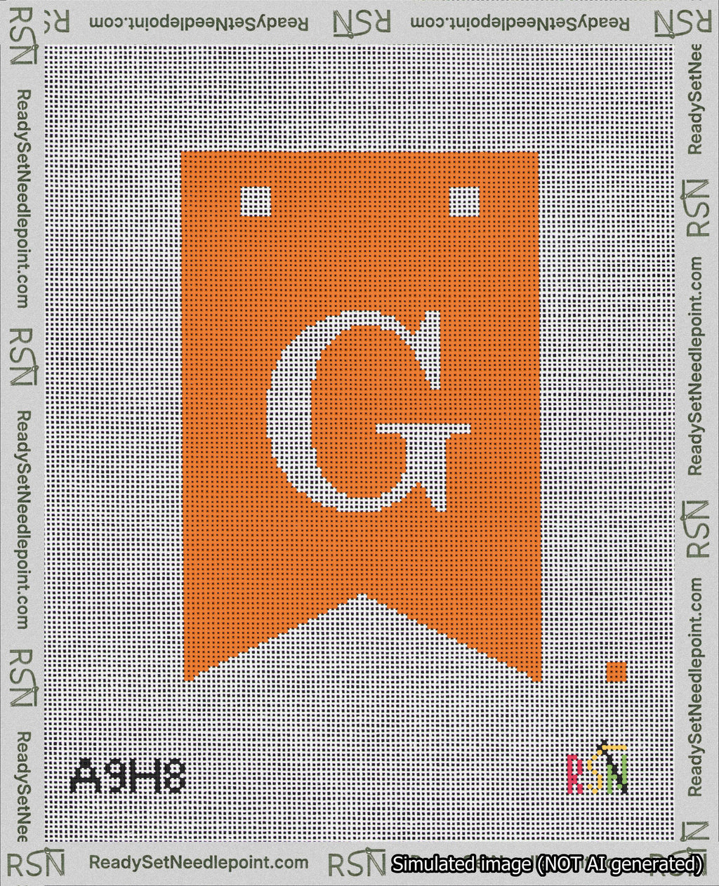 A taped needlepoint canvas with the design: Banner 18 mesh count Forked G White on Orange.