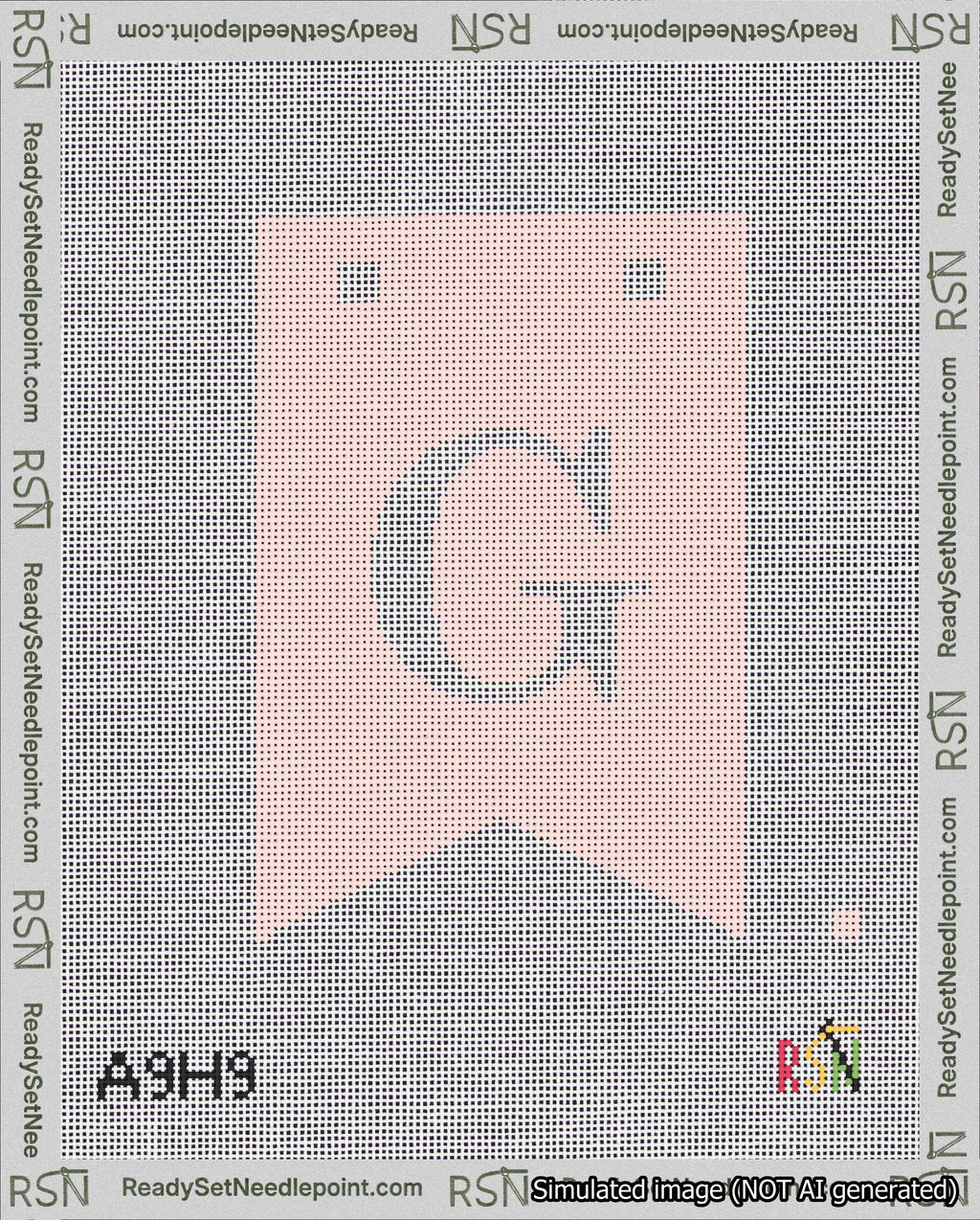 A taped needlepoint canvas with the design: Banner 18 mesh count Forked G White on Pink.