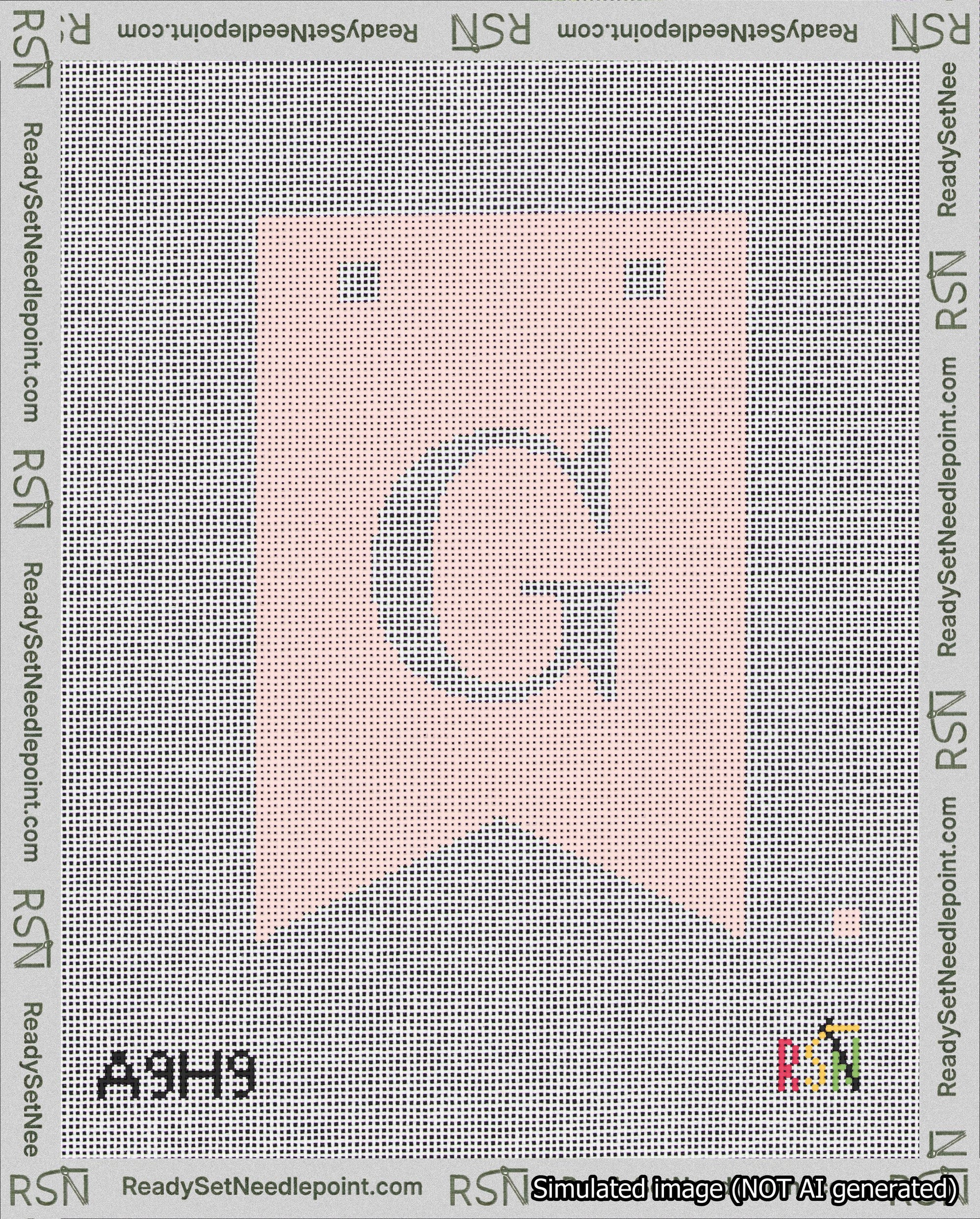 A taped needlepoint canvas with the design: Banner 18 mesh count Forked G White on Pink.