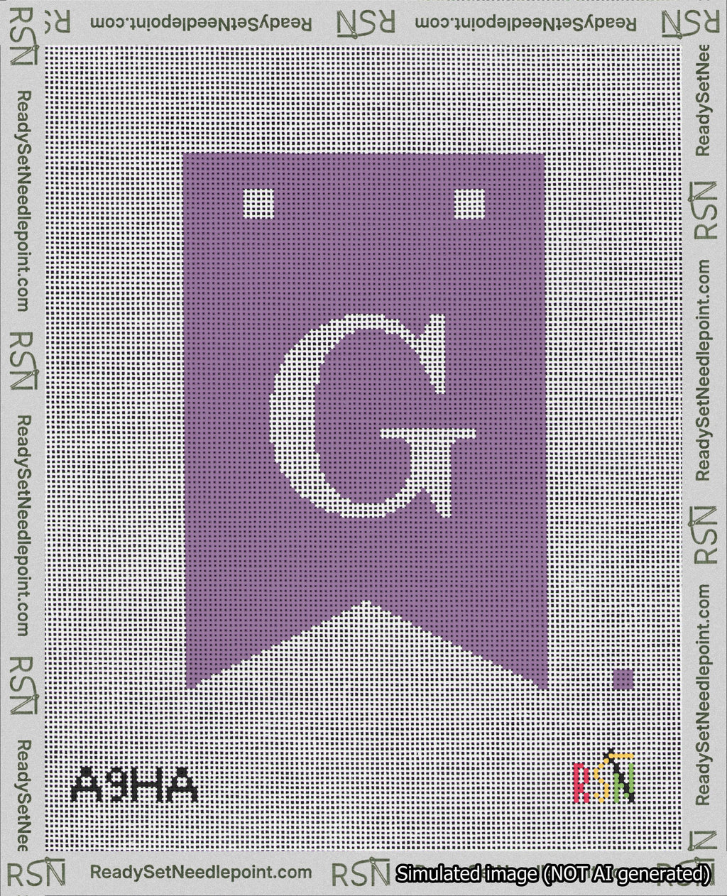 A taped needlepoint canvas with the design: Banner 18 mesh count Forked G White on Purple.