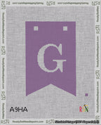 A taped needlepoint canvas with the design: Banner 18 mesh count Forked G White on Purple.