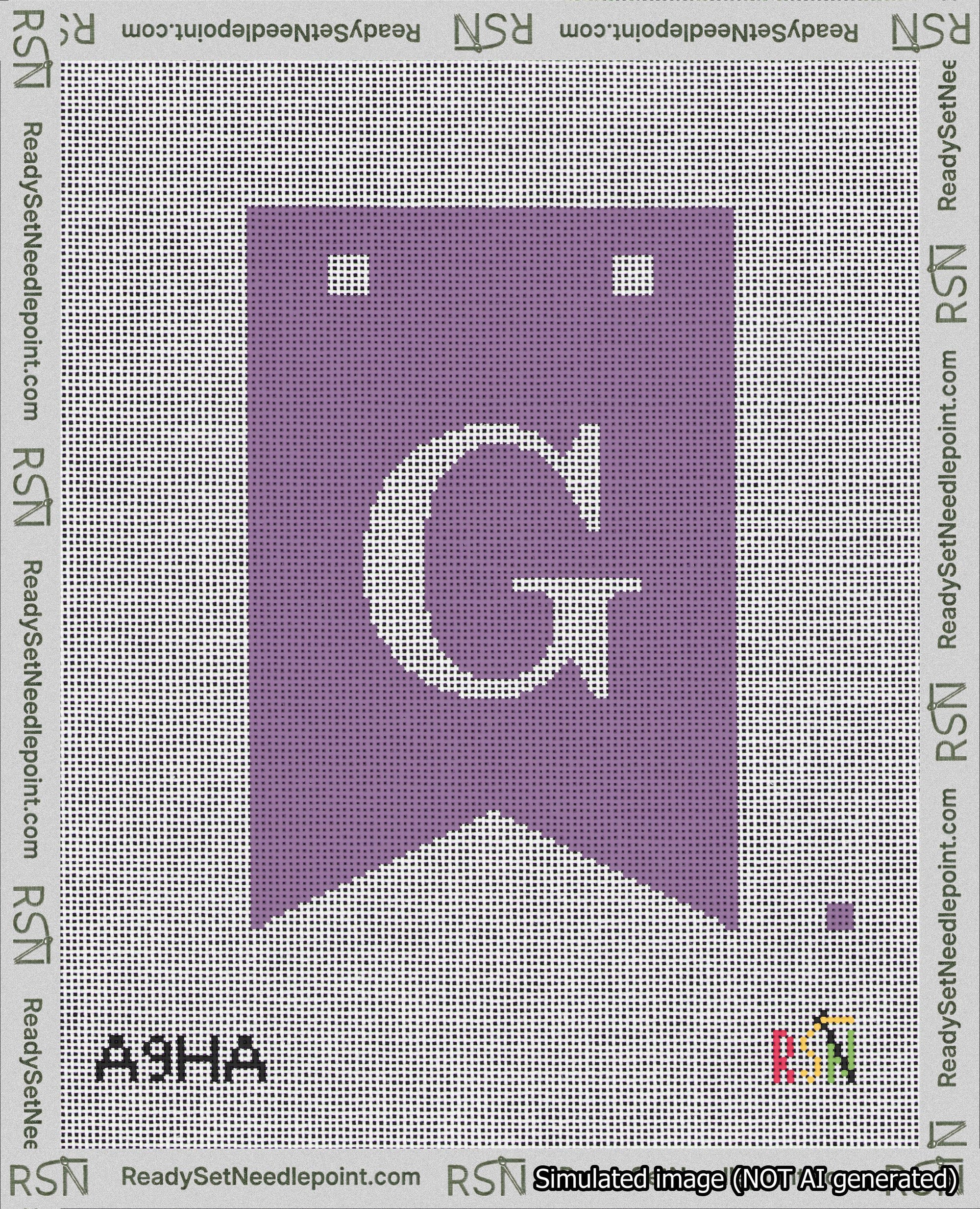 A taped needlepoint canvas with the design: Banner 18 mesh count Forked G White on Purple.