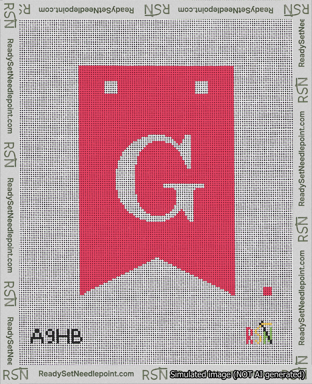 A taped needlepoint canvas with the design: Banner 18 mesh count Forked G White on Red.