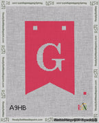 A taped needlepoint canvas with the design: Banner 18 mesh count Forked G White on Red.