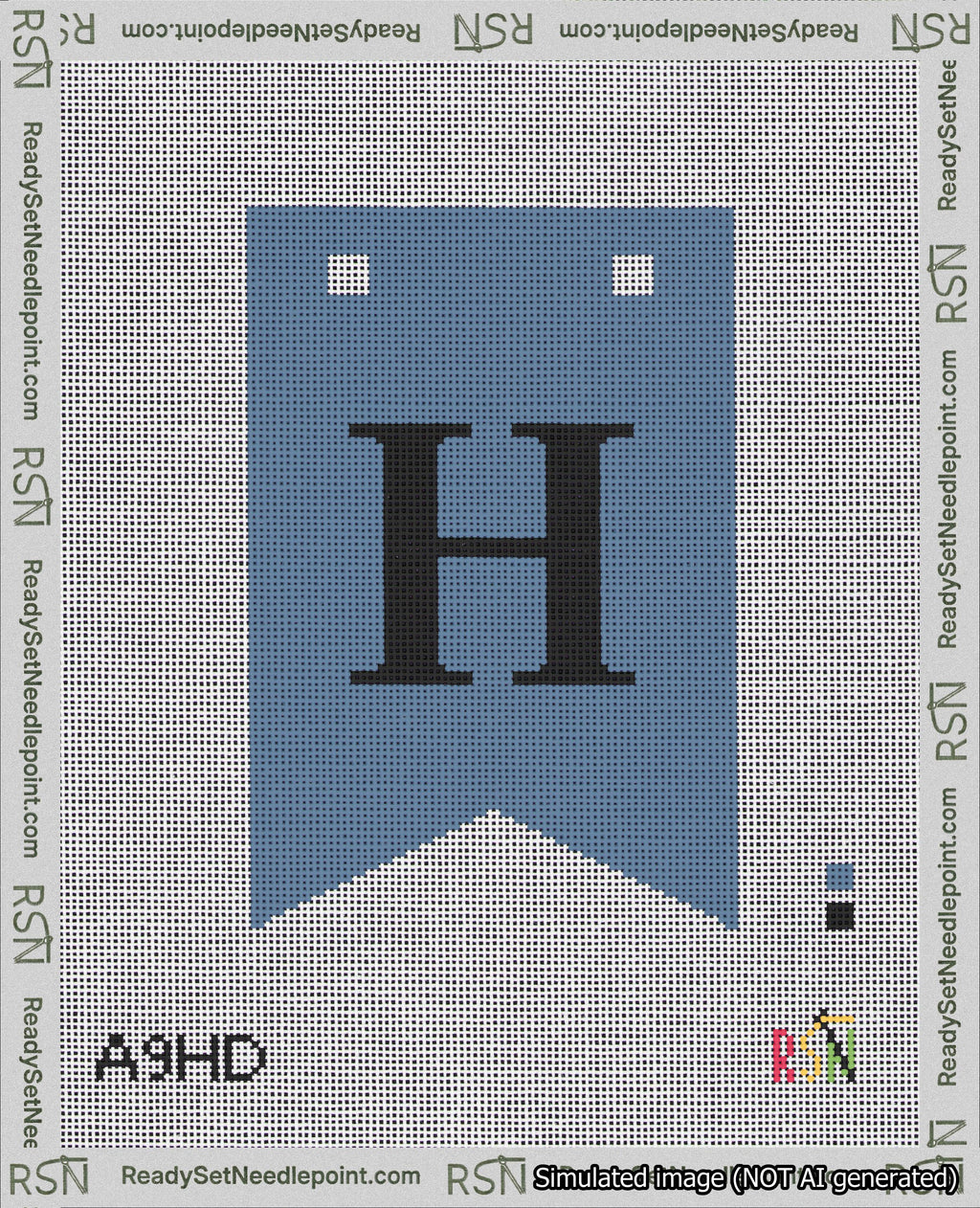 A taped needlepoint canvas with the design: Banner 18 mesh count Forked H Black on Blue.