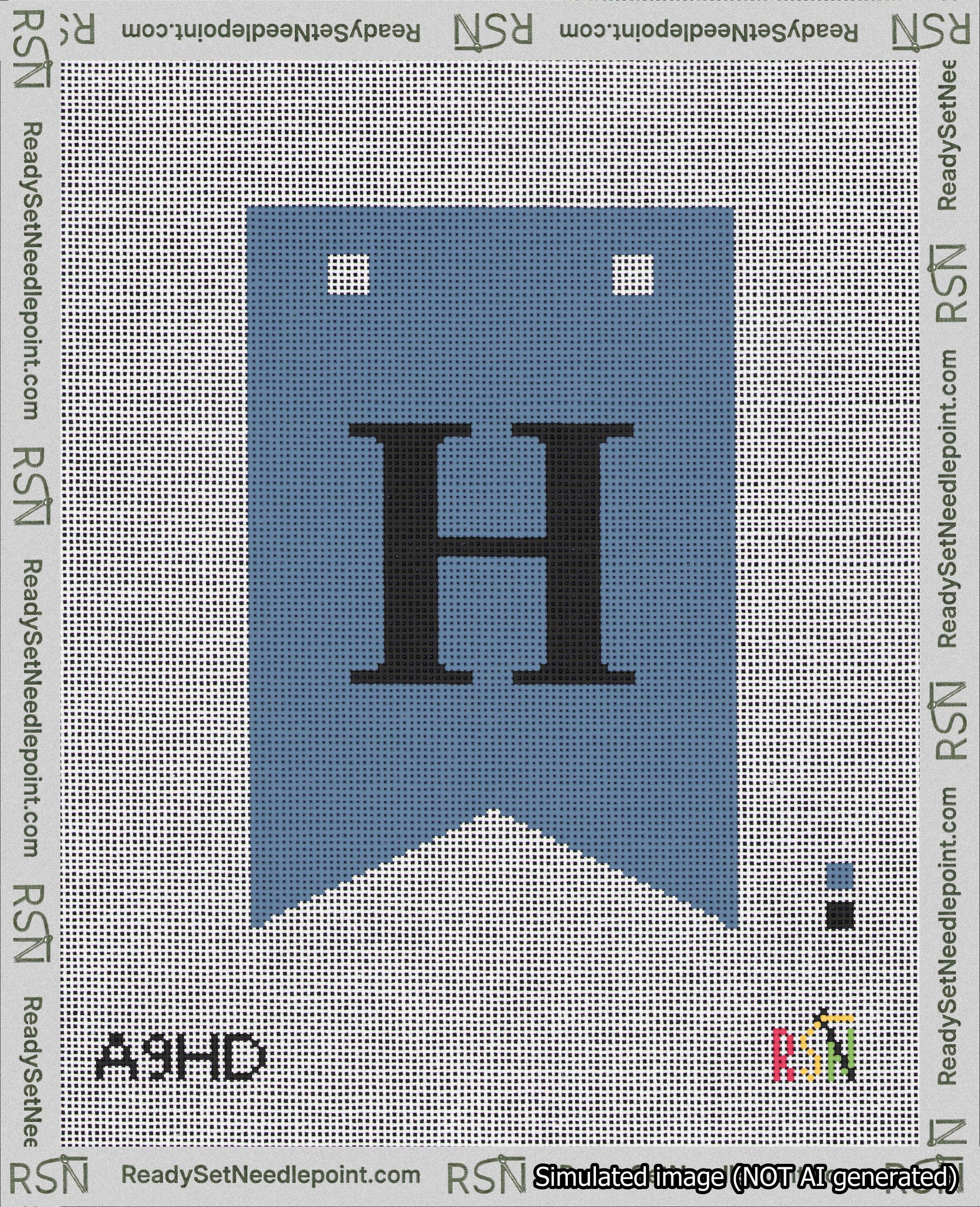 A taped needlepoint canvas with the design: Banner 18 mesh count Forked H Black on Blue.