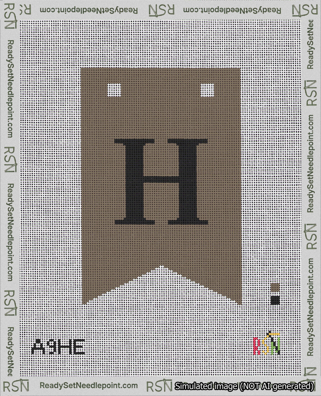 A taped needlepoint canvas with the design: Banner 18 mesh count Forked H Black on Brown.