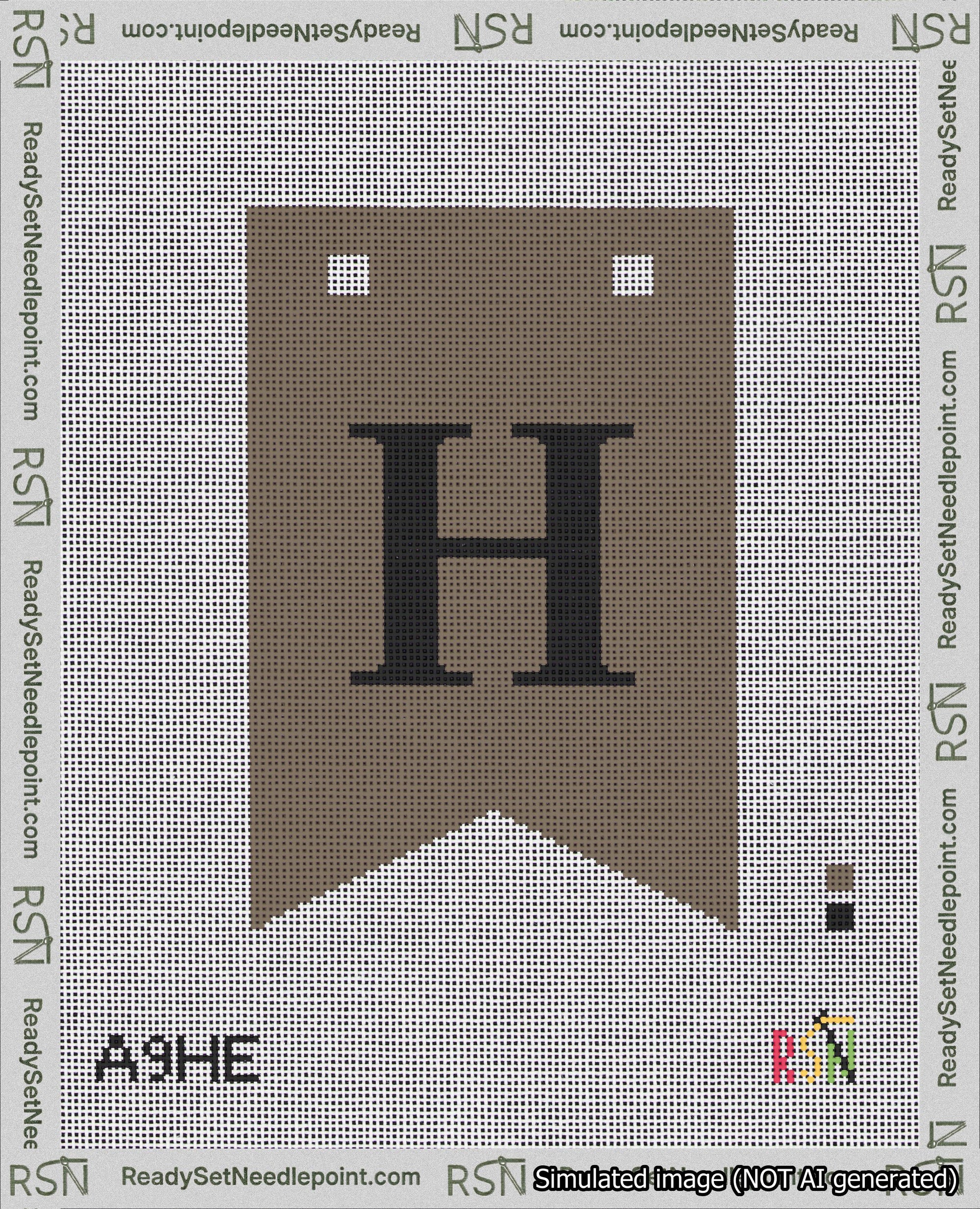 A taped needlepoint canvas with the design: Banner 18 mesh count Forked H Black on Brown.