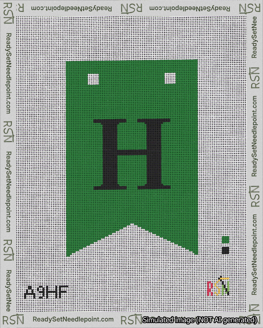 A taped needlepoint canvas with the design: Banner 18 mesh count Forked H Black on Green.