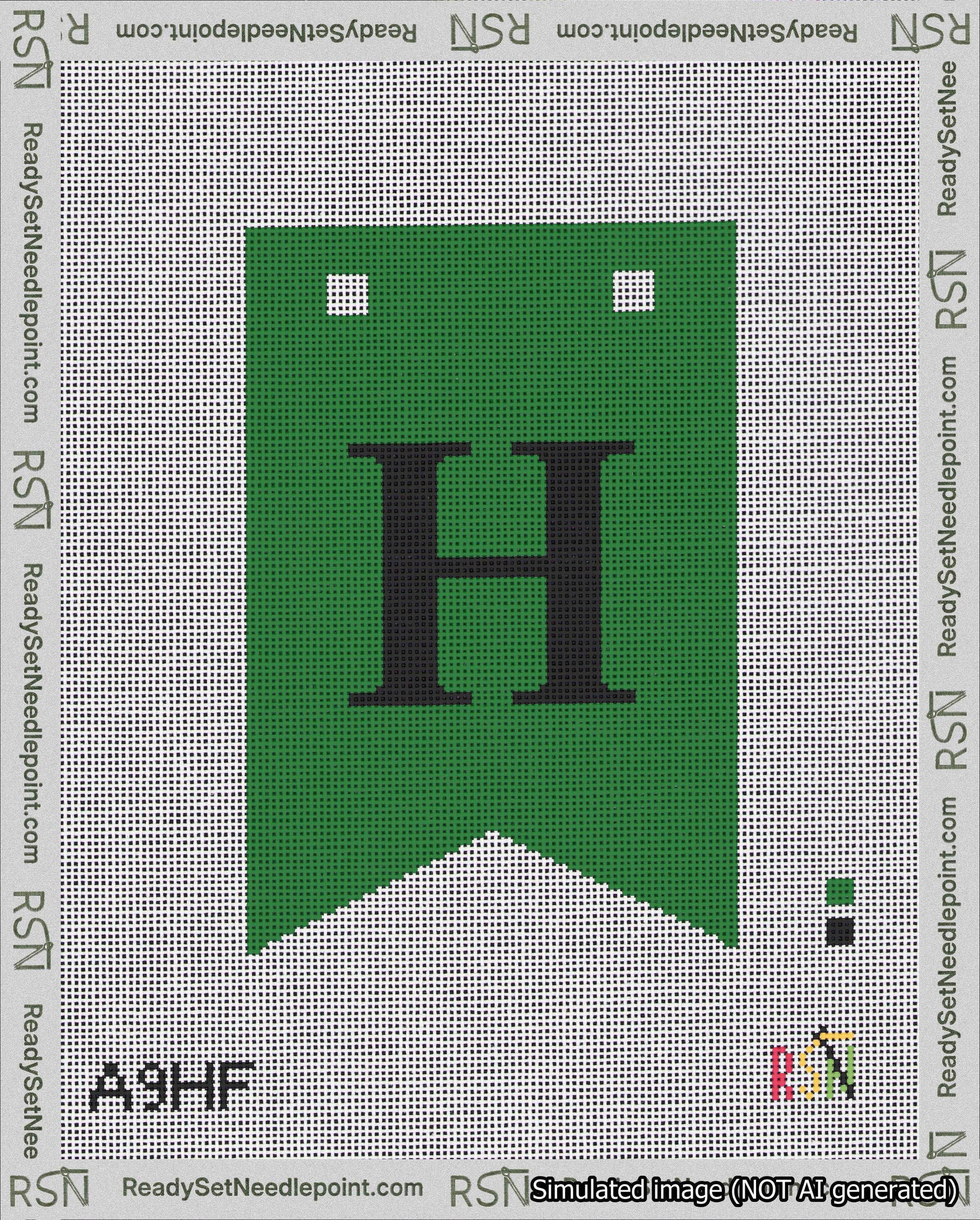 A taped needlepoint canvas with the design: Banner 18 mesh count Forked H Black on Green.